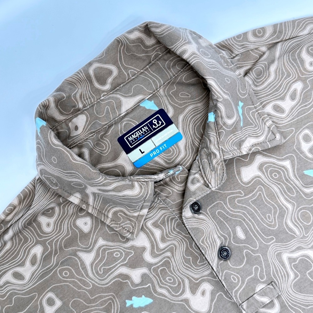 Magellan Outdoors Pro Mens‎ Large Taupe Topographic Fish Print Performance Polo